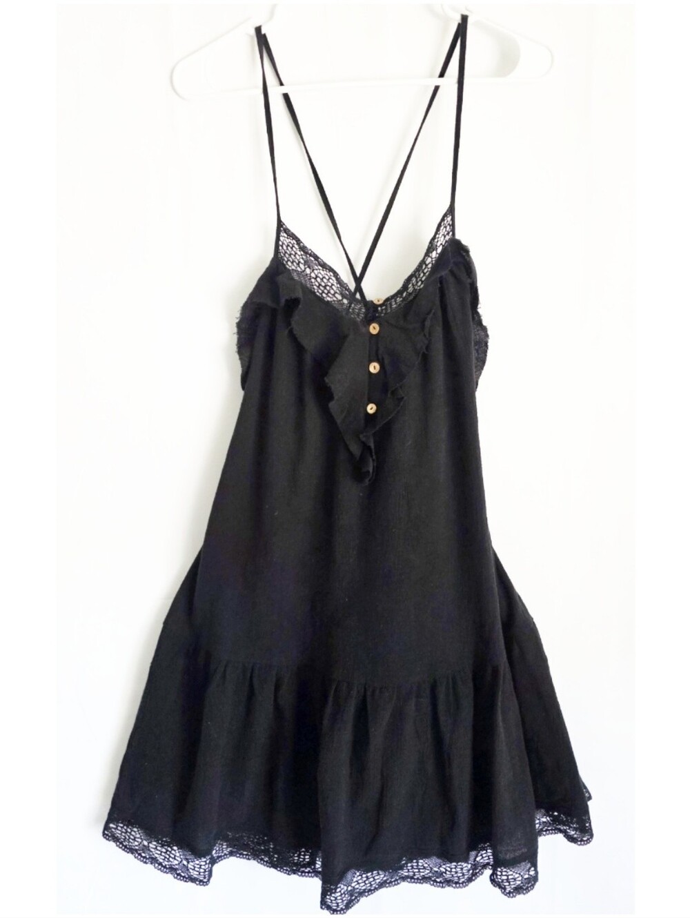 FREE PEOPLE Frill Seeker Black Lace-Trim Detail Ruffle Drop Waist Dress L - Picture 5 of 11